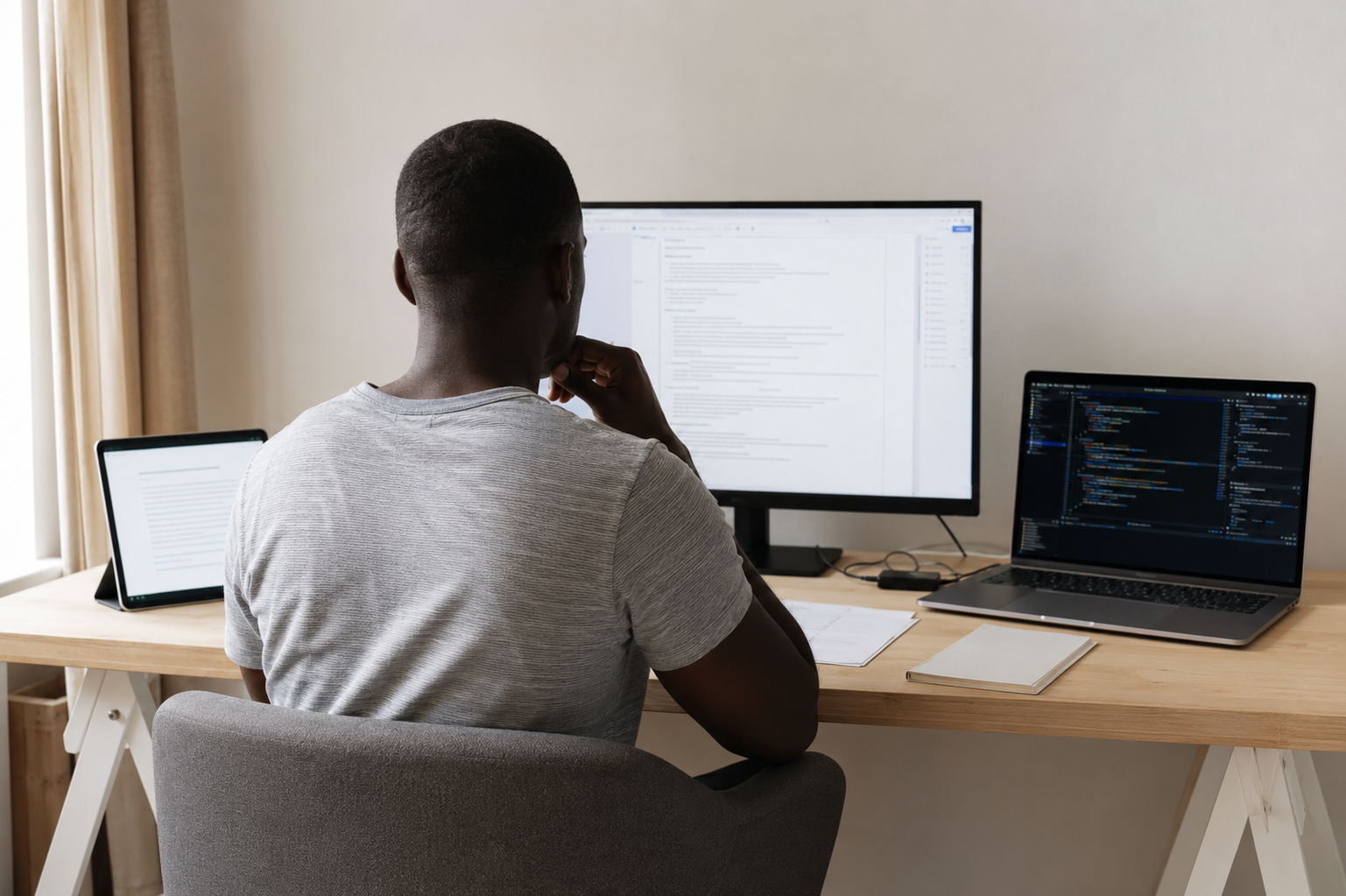 Développeur construisant une application full-stack sur plusieurs écrans